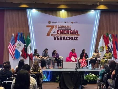 Panel of speakers seated on a stage at an international energy congress in Veracruz, with multiple flags behind and a large banner reading '7o Congreso Internacional de Energía Veracru z'.