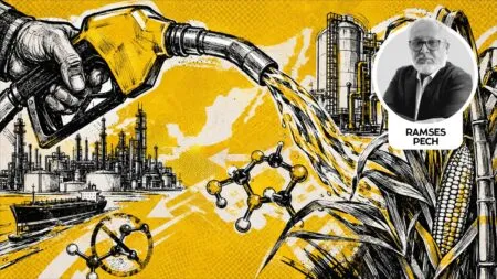 Illustration of a gas pump nozzle pouring liquid over an oil refinery, with corn stalks and a molecular model on a yellow backdrop; round badge shows Ramses Pech.