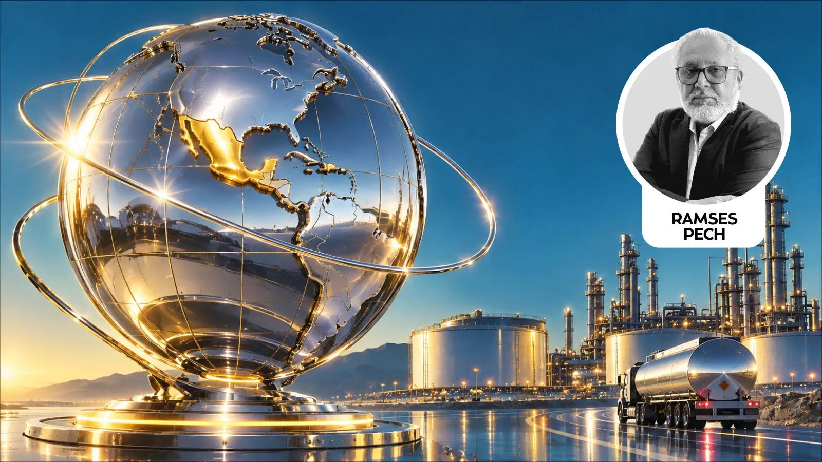 Large glass globe sculpture with gold rings beside an oil refinery and tanker truck at dusk; Ramses Pech badge in the corner.