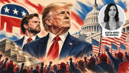 Illustration of Donald Trump at a pro-Trump rally with cheering crowd, U.S. flags, and the Capitol in the background; inset portrait of Sofia Niño de Rivera.