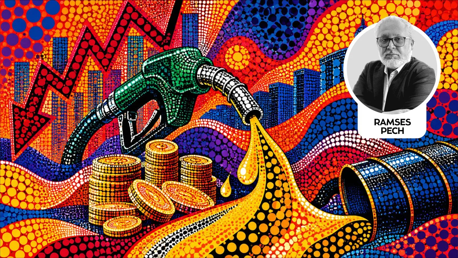 Vivid pop-art banner with a gas pump nozzle pouring gold onto coin stacks, set against a rainbow cityscape; inset portrait of Ramsey Pech in a white rounded badge.