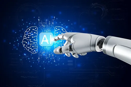 Robotic hand pointing at a glowing AI chip between digital brain outlines.
