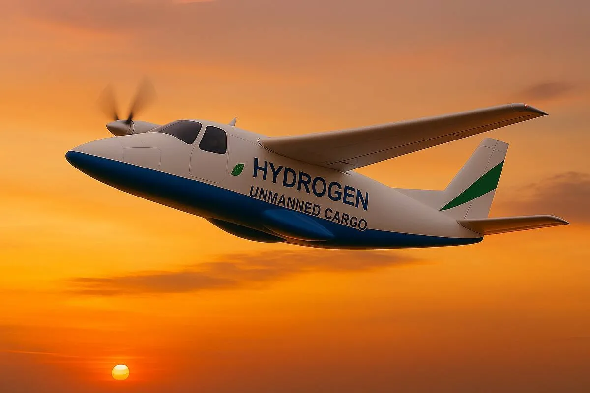 Unmanned cargo aircraft labeled Hydrogen Unmanned Cargo, flying at sunset with an orange sky.