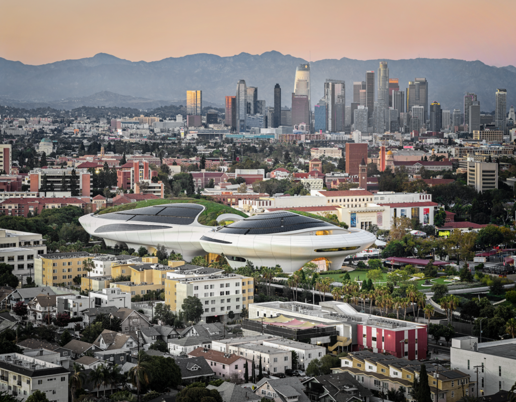 museo lucas 2026-09-23 a las 94751 am - Petróleo y Energía Panoramic view of a city skyline at sunset with tall skyscrapers in the distance and futuristic white curved buildings in the foreground.