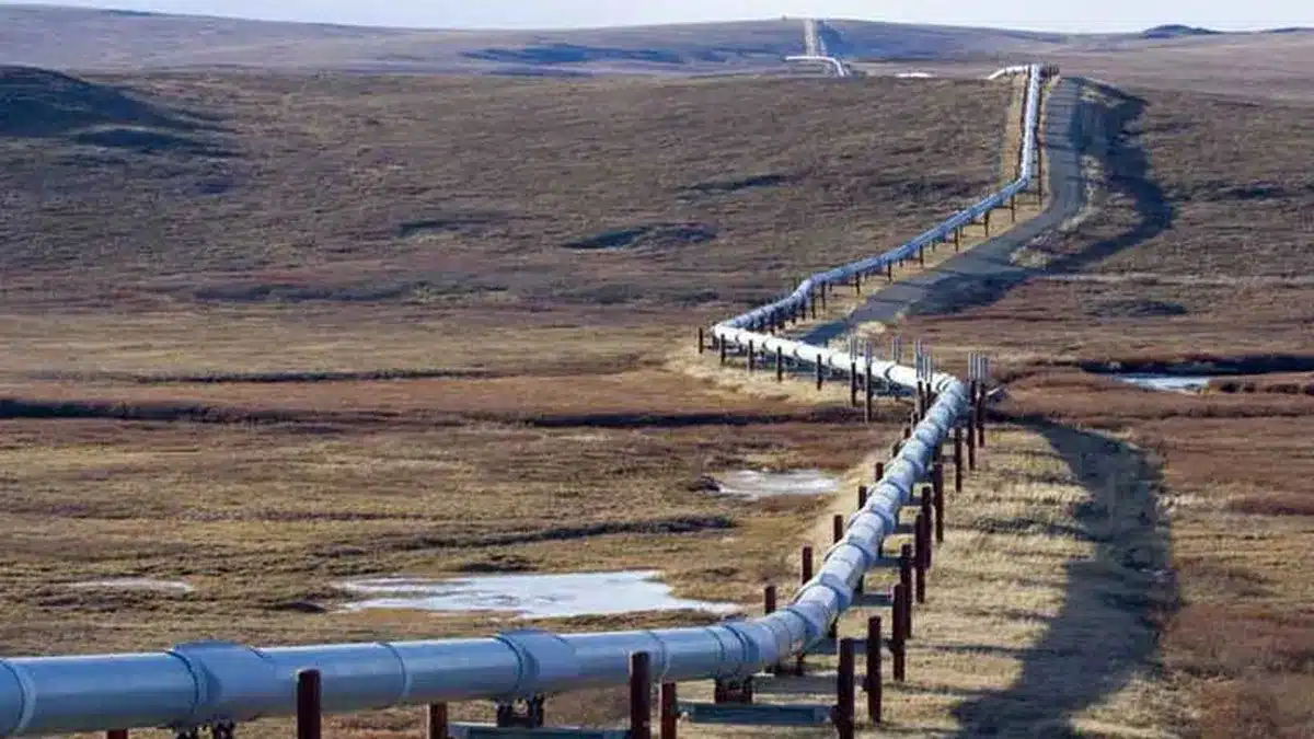 Long white pipeline winds across a barren hilly landscape, supported by posts, stretching into the distance beneath a blue sky.