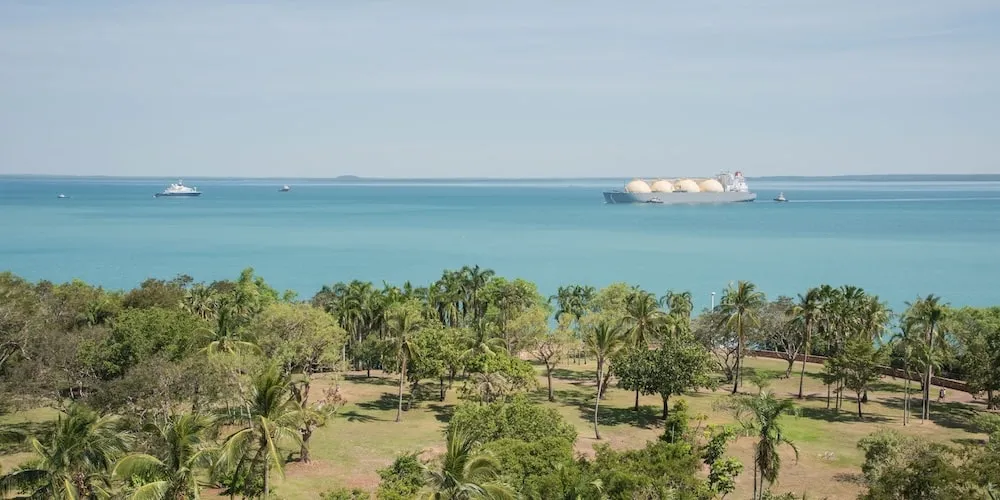 Palm-lined park along a turquoise sea with ships on the horizon.