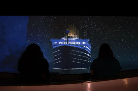 Large cruise ship model illuminated against a starry backdrop, viewed from a foreground audience silhouette.