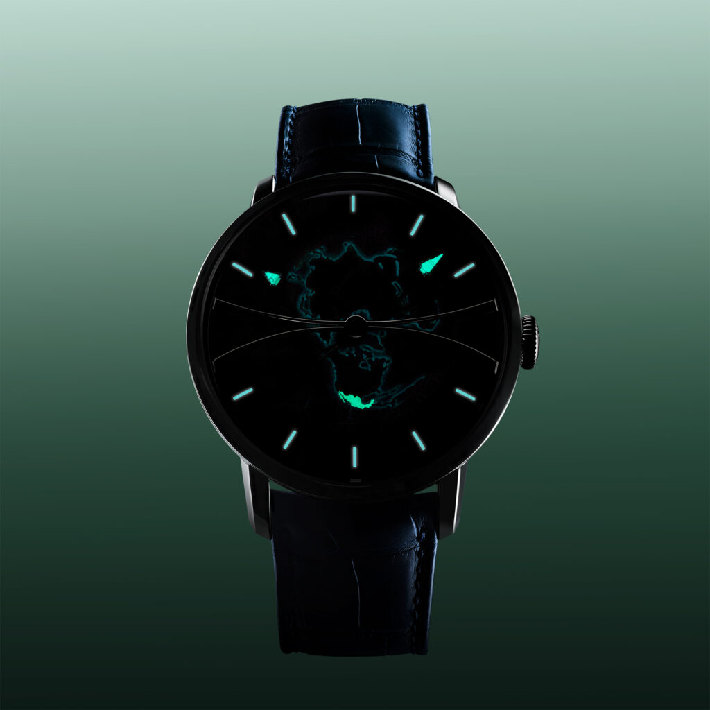 Stacked from 10 images Method=B R=8S=3 - Petróleo y Energía Close-up of a black wristwatch with a teal-glow dial and dark leather strap against a green gradient background.