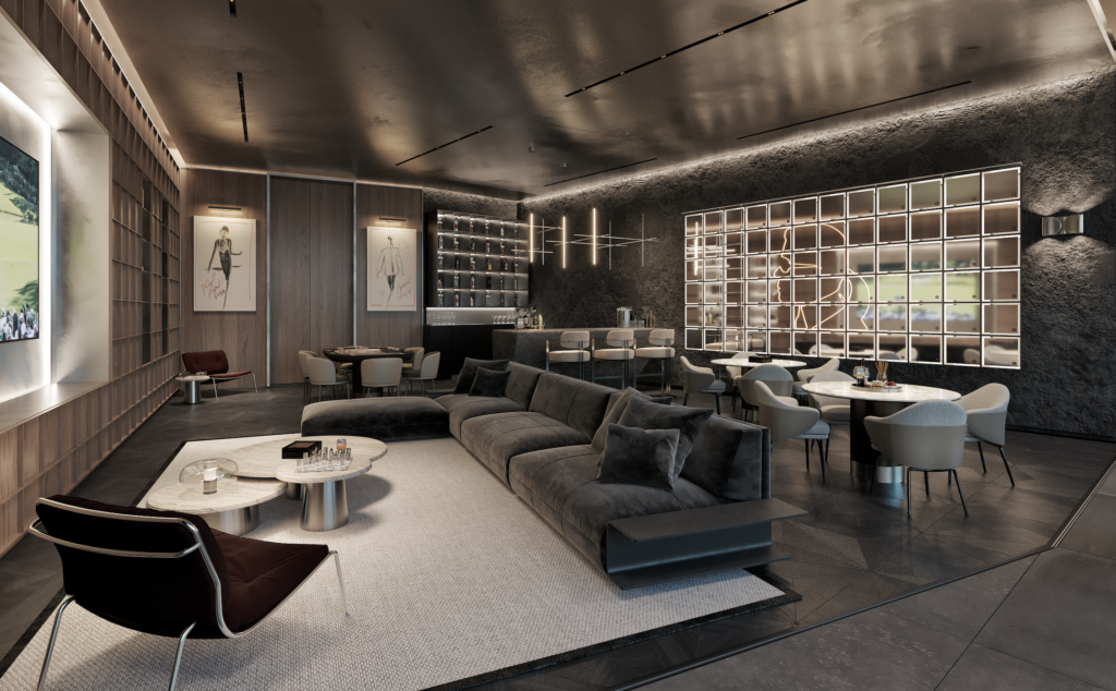 CIGAR ROOM KARL - Petróleo y Energía Luxurious modern lounge with a large gray sectional, white marble tables, and a tiled floor, overlooking a grid-lit wall and bar area.