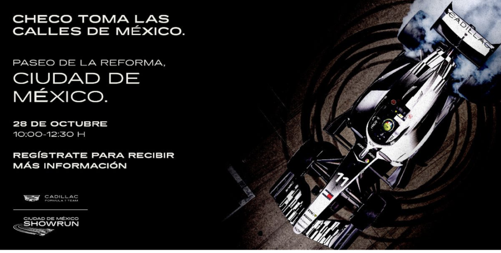 Checo PEREZ SHOW RUN CARTEL 2026 - Petróleo y Energía Promotional poster for Checo's race in Mexico City showing a Formula-style car on the right and event details on the left (date, time, and registration).
