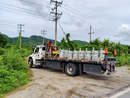 White utility truck with a crane on the flatbed, transporting multiple large gas cylinders along a rural roadside with power lines overhead.