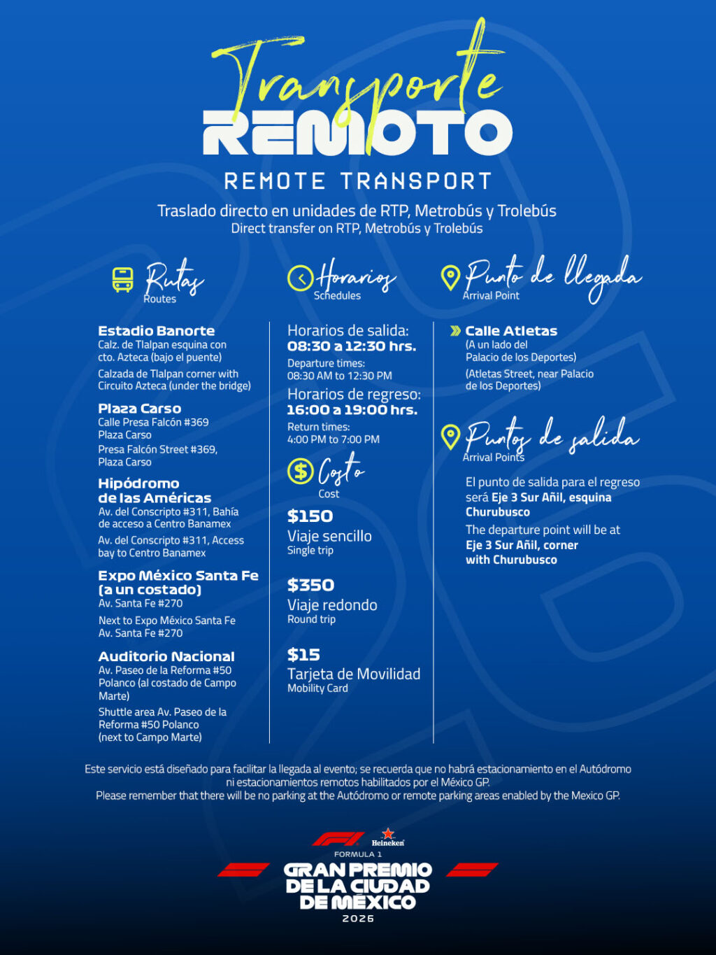 Plan de Movilidad_26oct2 - Petróleo y Energía Blue poster advertising Transporte Remoto with routes, schedules, and fares for direct transfer on RTP, Metrobus and Trolebús (Remoto Transport). Readable quick info for departure/return times and points of arrival/departure in Mexico City area.