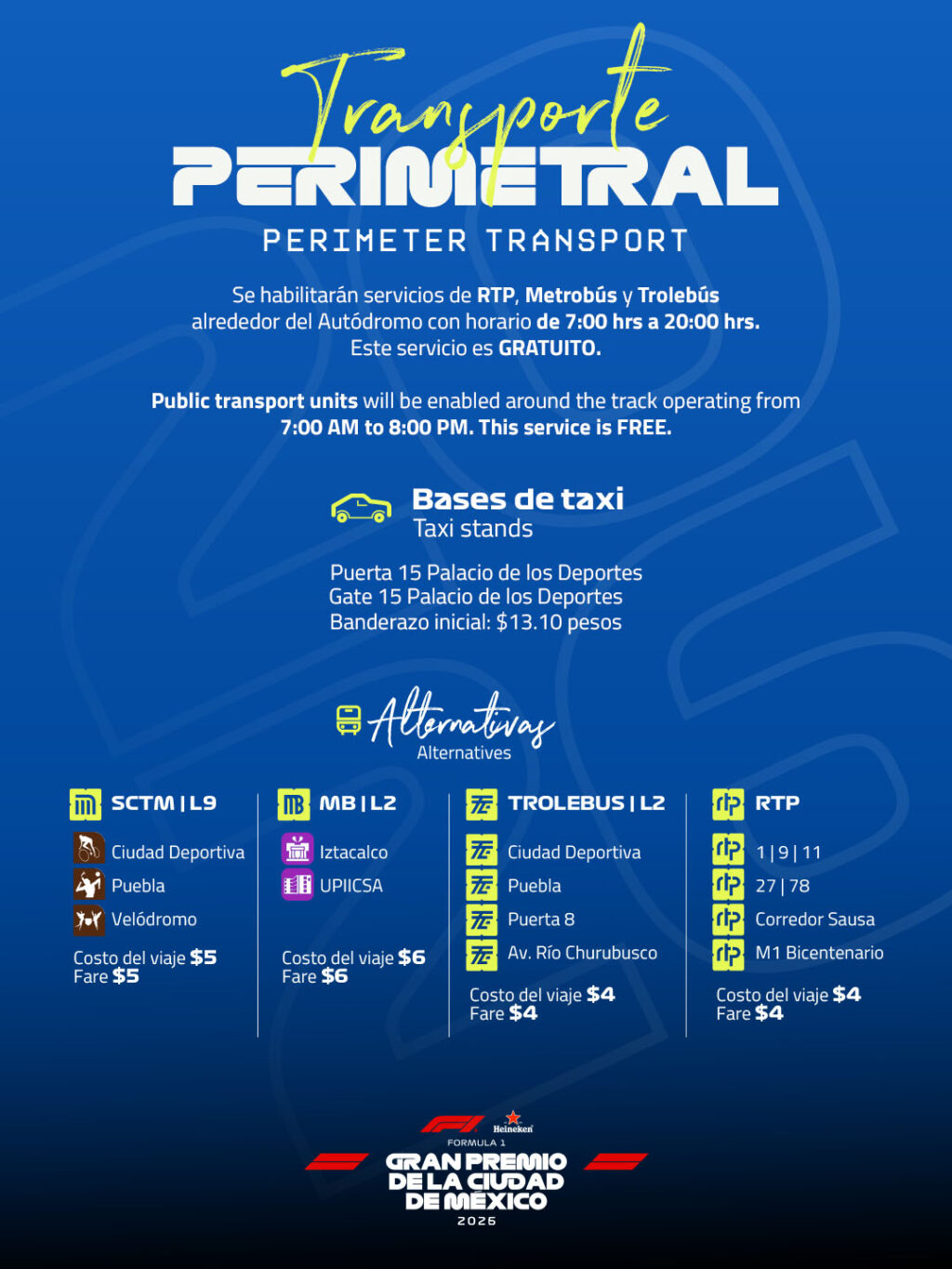 Plan de Movilidad_26oct3 - Petróleo y Energía Blue infographic about perimeter transport services for an event, with schedules, taxi bases, and fare details (Spanish and English).
