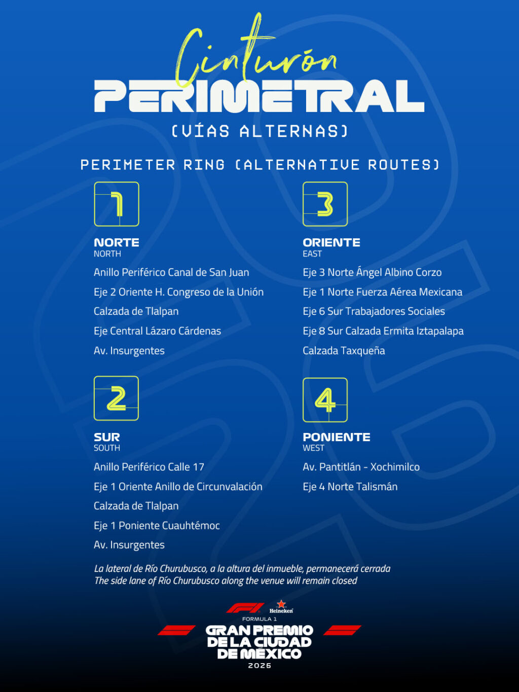 Plan de Movilidad_26oct4_1 - Petróleo y Energía Blue infographic poster listing four alternative city routes: Norte, Sur, Oriente, Poniente with street names and landmarks for each route.