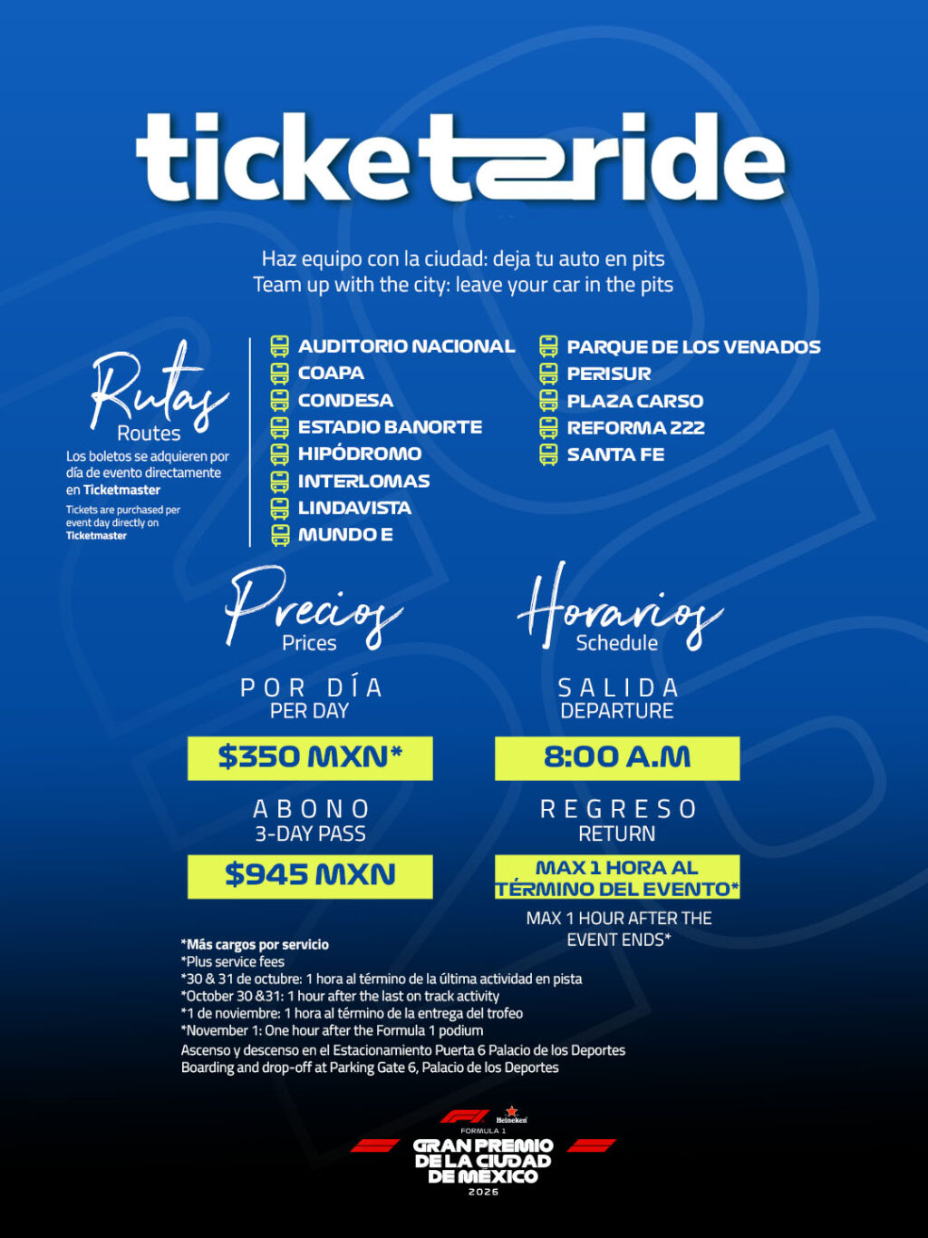 Plan de Movilidad_26oct5 - Petróleo y Energía Blue promotional poster for RutaS tickets to the Mexico City Grand Prix 2026, listing routes, schedules, and prices (e.g., 3-day pass 5 MXN; departure at 8:00 AM; return details; notes about service).