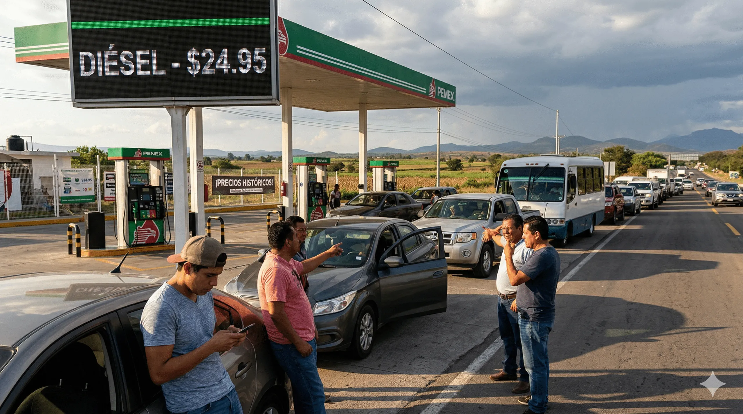 Queue of cars at a Pemex gas station with a large diesel price sign reading 'DIESEL - $24.95' and a group of peopleNearby.