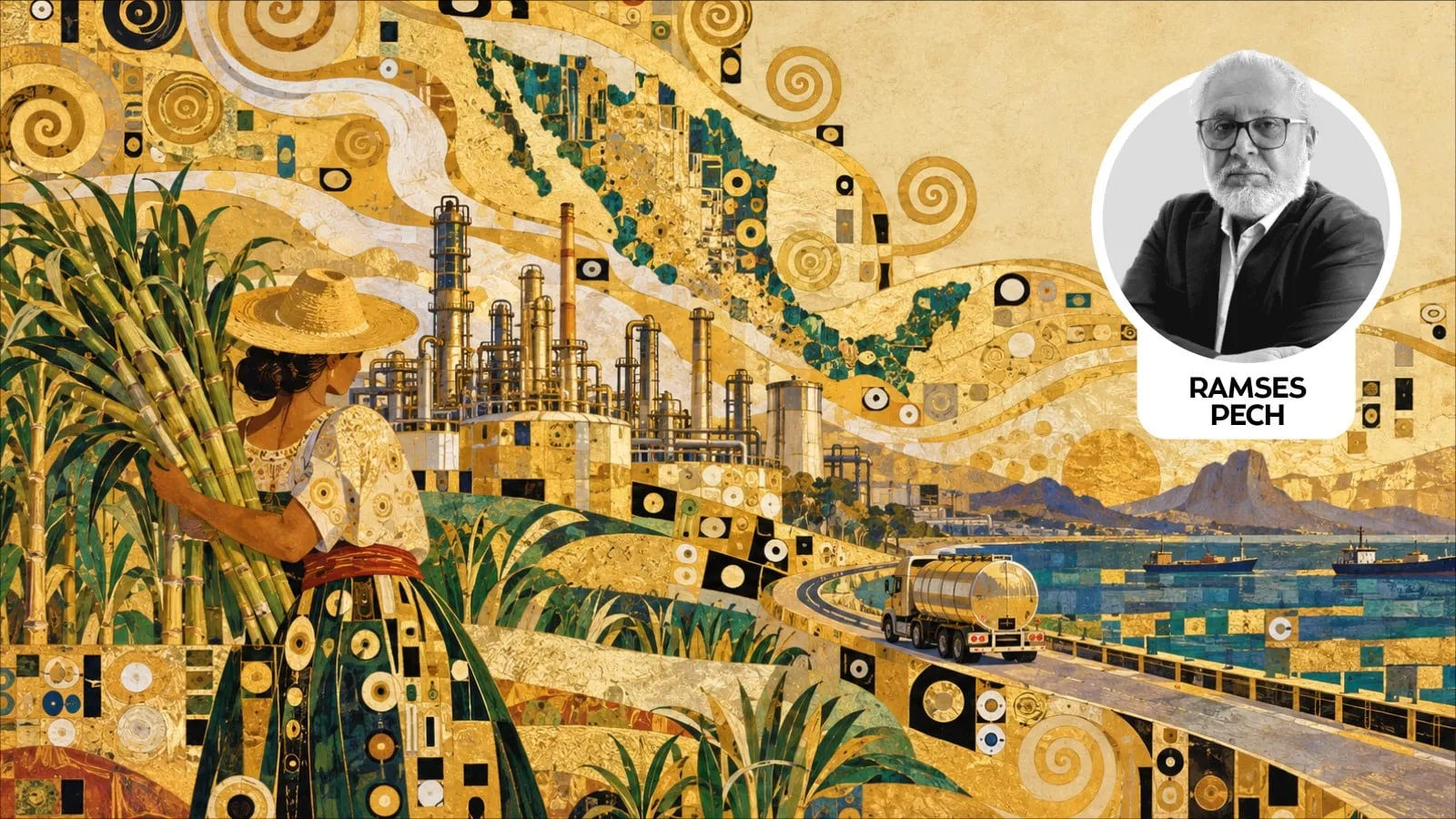 Klimt-style collage: a woman harvesting sugarcane beside an industrial complex, coastline and ships, with a round Ramses Pech portrait on the right.