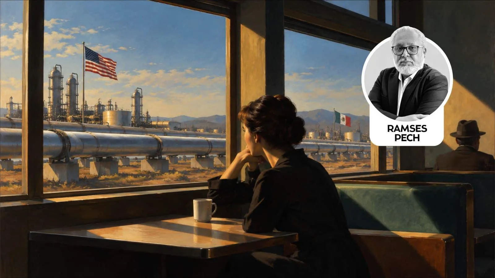 Woman sits at a diner table by a window, gazing at an oil refinery with an American flag outside.