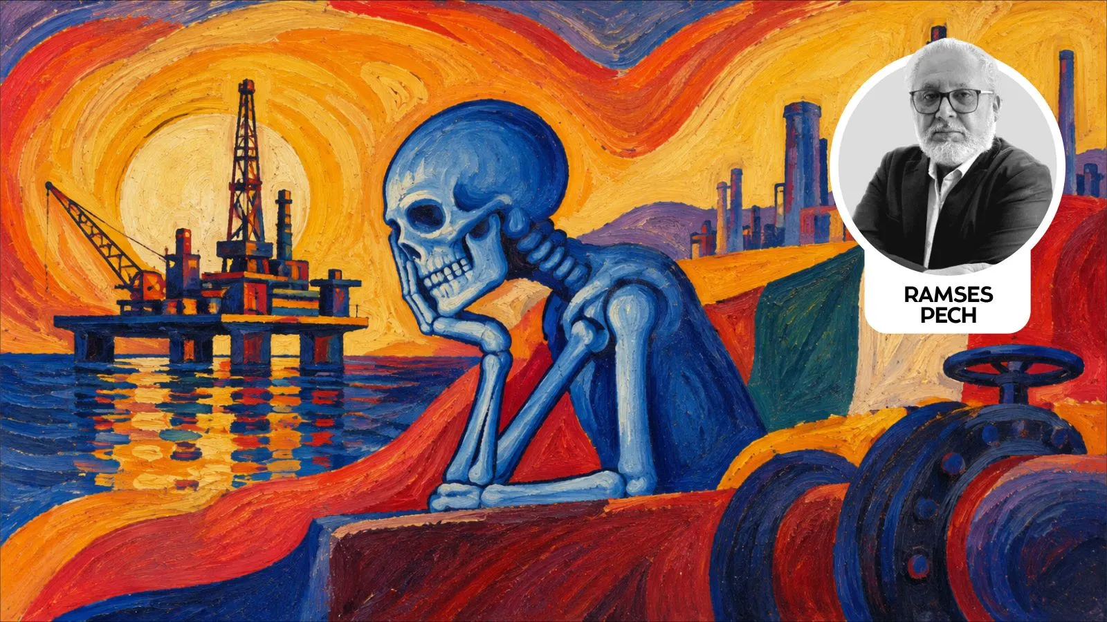 Colorful painting of a blue skeleton beside an offshore oil rig at sunset, with a circular grayscale portrait inset in the top-right.