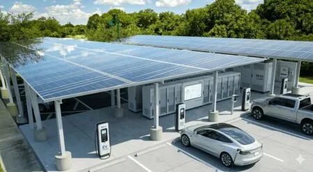 Public EV charging station under a large solar panel canopy, with multiple charging posts and a silver car plugged in or waiting nearby.