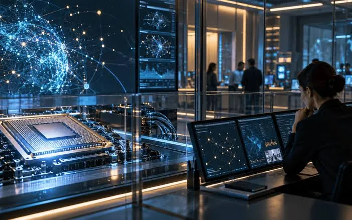 Data center control room with network maps on large screens and a technician monitoring multiple displays at a workstation.