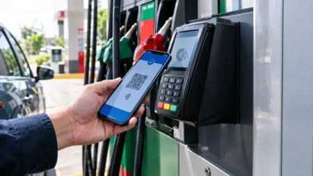 Person at a gas pump making a mobile contactless payment with a smartphone displaying a QR code and a payment app.
