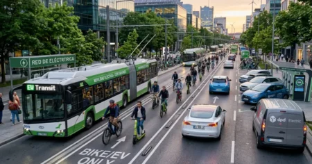 Urban street scene with a green EV bus in a bike lane, cyclists and cars sharing the road amid high-rise buildings and trees nearby.